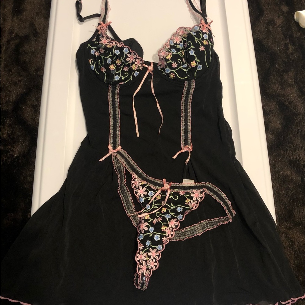 Black with embroidered flowers lingerie nightgown and matching thong